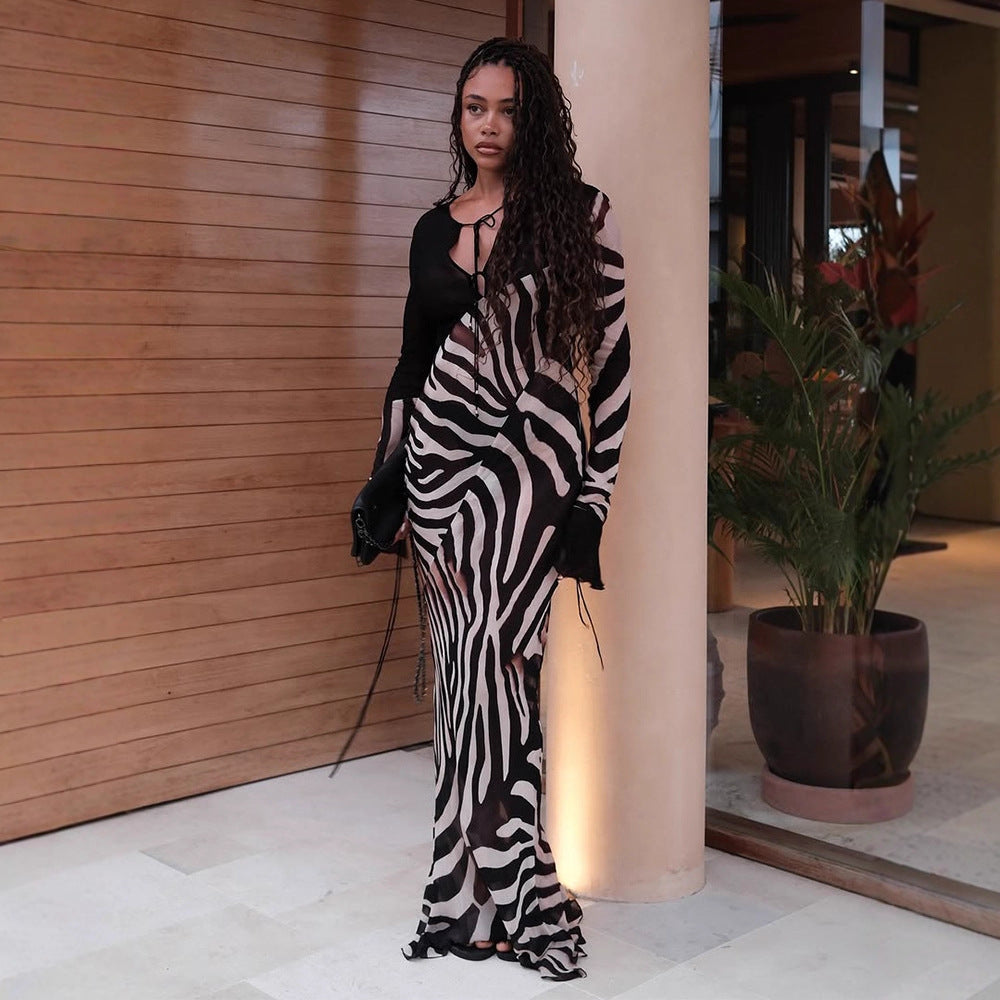 Damen figurbetontes Mesh‑Maxikleid mit tiefem V‑Ausschnitt & grafischem Zebra‑Print Nord Taschen