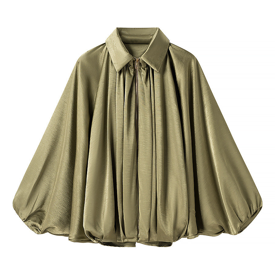 Damen Satin-Cape-Bluse mit Reißverschluss, Ballonärmeln und gerafftem Saum Nord Taschen