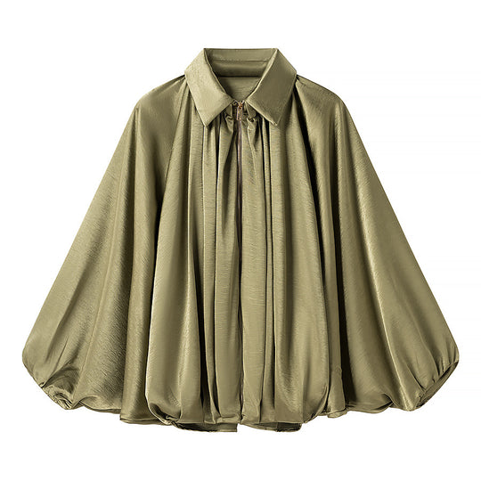 Damen Satin-Cape-Bluse mit Reißverschluss, Ballonärmeln und gerafftem Saum Nord Taschen