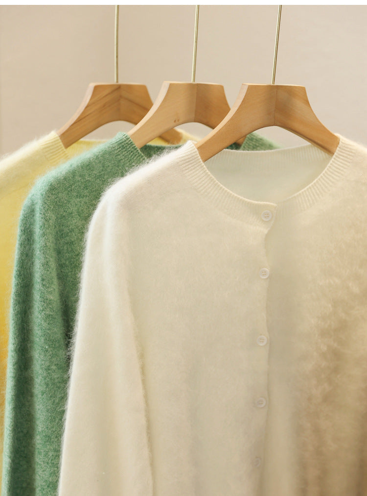 Damen Flauschiger Mohair-Optik Knopf-Cardigan mit Rundhalsausschnitt Nord Taschen