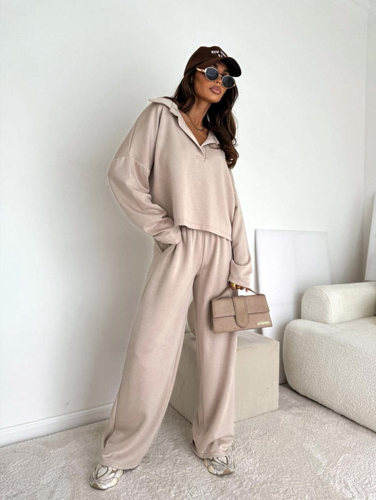 Damen Loungewear-Zweiteiler mit Hemdkragen-Cropped-Sweatshirt und weiter Palazzo-Hose Nord Taschen