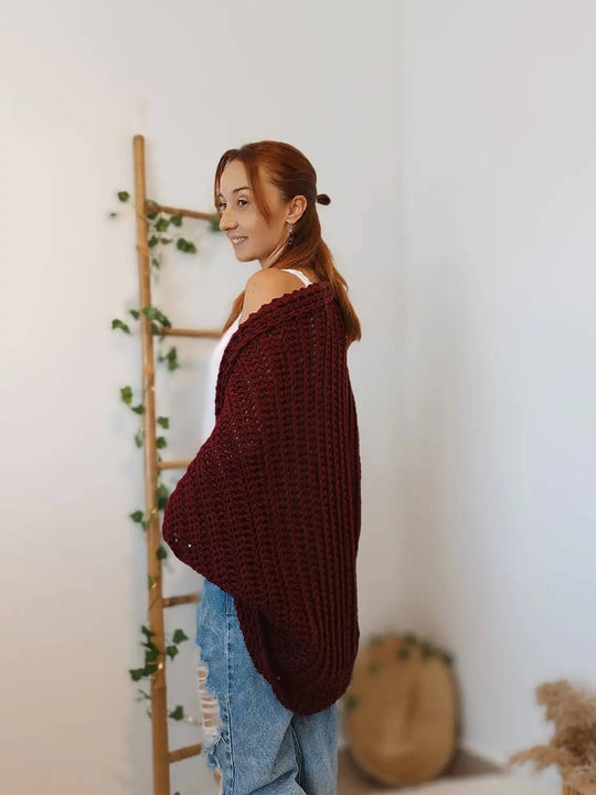 Damen Oversized gehäkelter Poncho Schal aus grobem Strick Drune