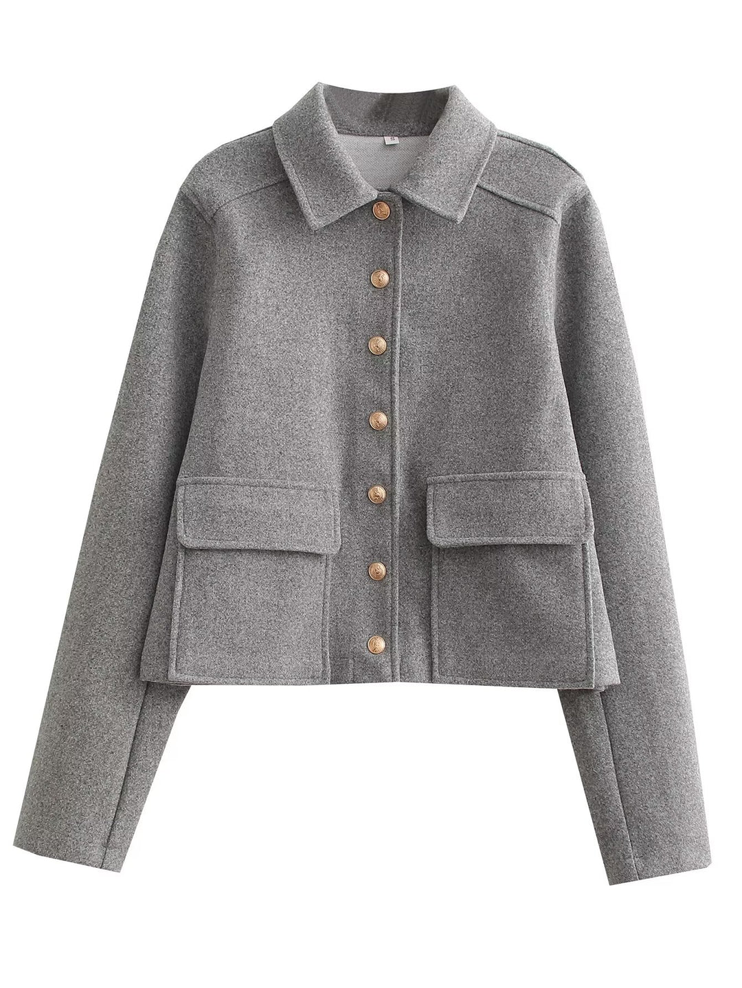 Damen Kurze Boxy-Wollmix-Jacke mit aufgesetzten Pattentaschen und goldfarbenen Zierknöpfen Nord Taschen