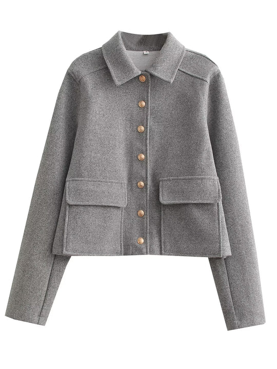Damen Kurze Boxy-Wollmix-Jacke mit aufgesetzten Pattentaschen und goldfarbenen Zierknöpfen Nord Taschen