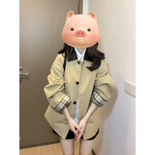 Damen Kurzer Swing-Trench mit Kontrastkragen, Ballonärmeln und kariertem Futter Nord Taschen