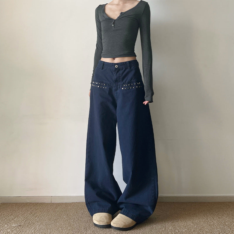 Damen Extraweite High‑Waist Baumwoll-Twill-Hose mit Nietenbesatz und Palazzoschnitt Nord Taschen