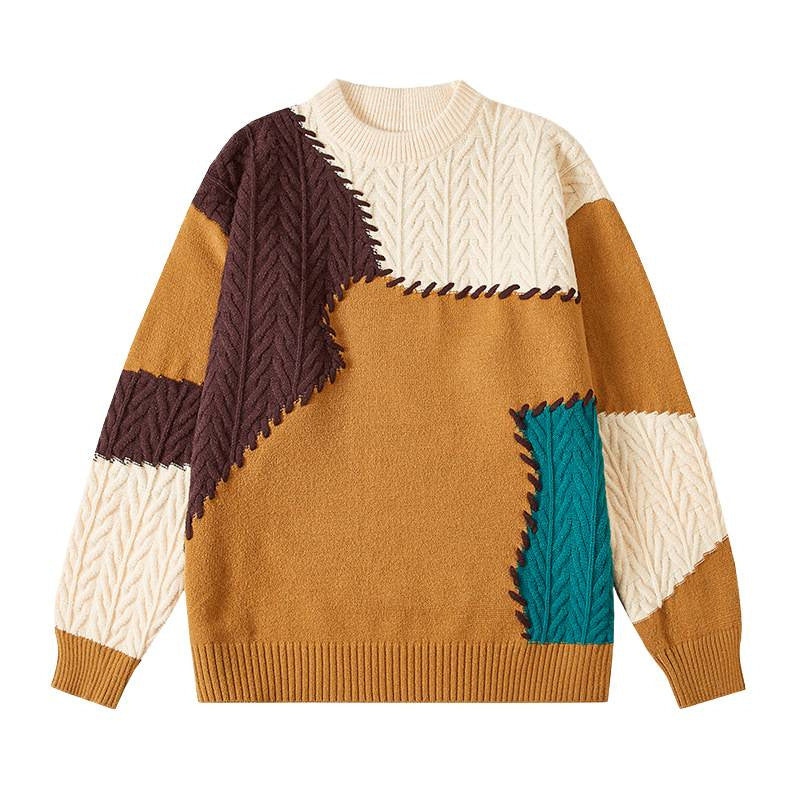 Herren strukturierter Patchwork-Strickpullover mit Zopfmuster und Rundhals Nord Taschen