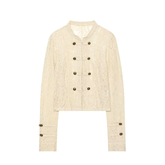 Damen Kurze Spitzenjacke im militärisch inspirierten Stil mit Stehkragen und Zierknopfleiste Nord Taschen