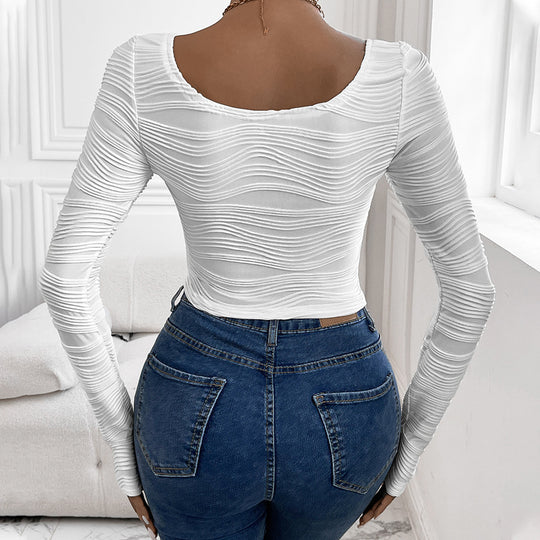 Damen Enganliegendes Struktur-Longsleeve mit wellenförmiger Textur und U‑Boot‑Ausschnitt Nord Taschen