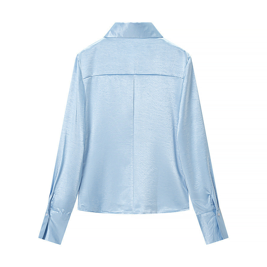 Damen Satinbluse mit taillierten Teilungsnähten, durchgehender Knopfleiste und breiten Manschetten Nord Taschen