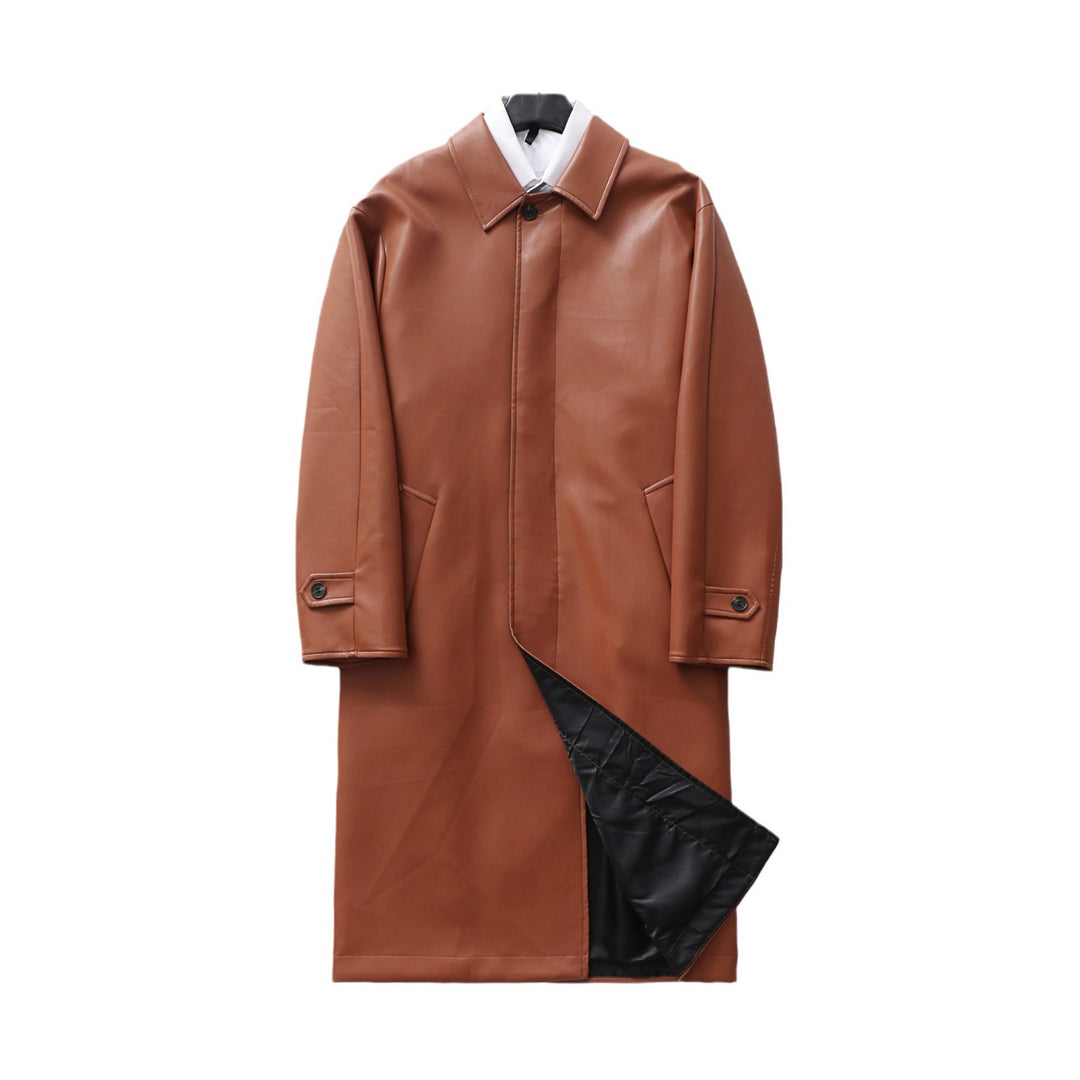 Herren langer minimalistischer Kunstleder-Mantel mit Hemdkragen, verdeckter Knopfleiste und geradem Schnitt Nord Taschen