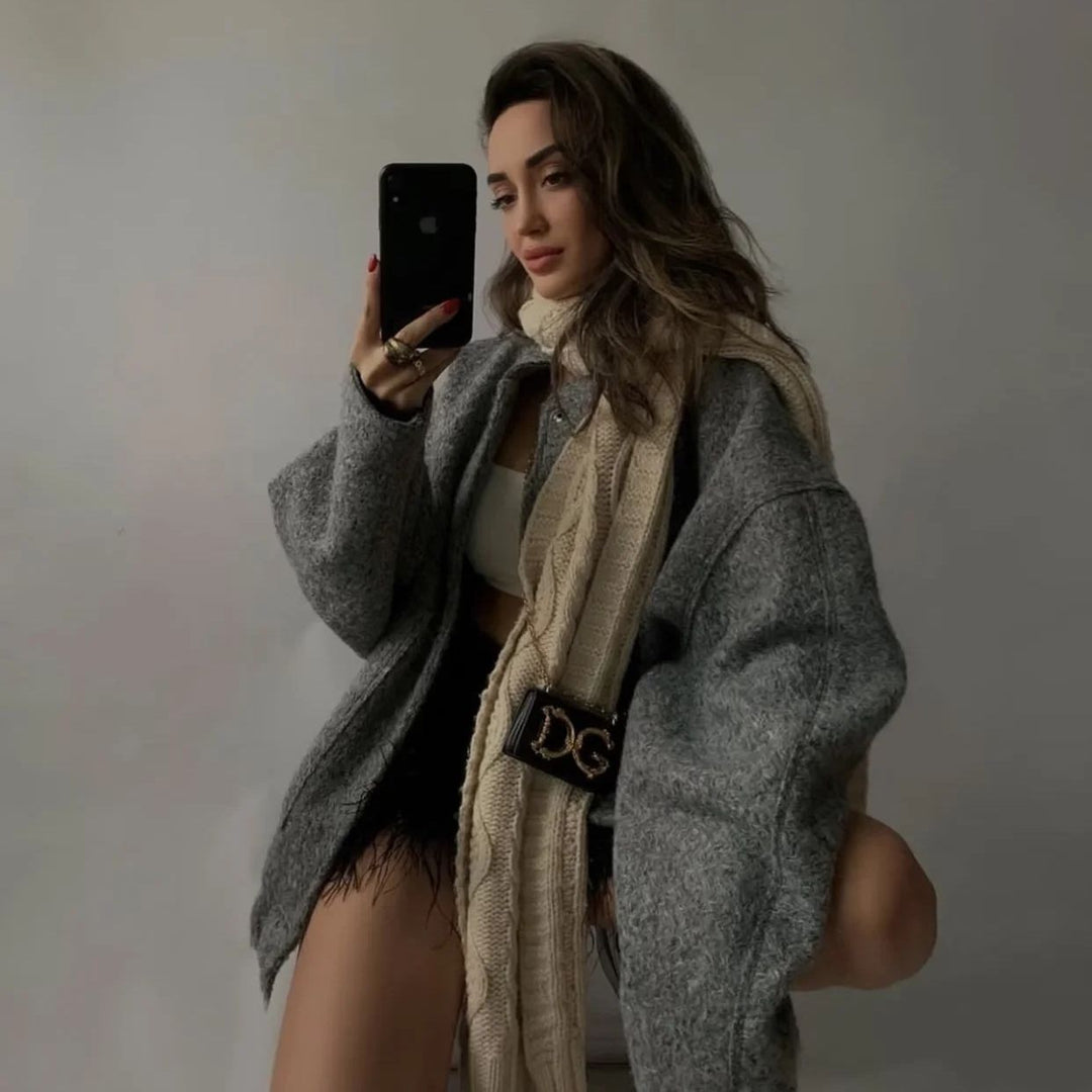 Damen Oversize-Fleecejacke mit Stehkragen, aufgesetzten Fronttaschen und elastischem Saum Nord Taschen