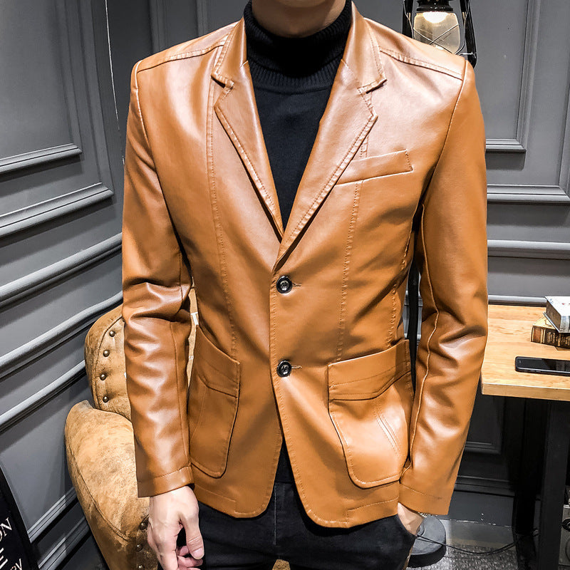 Herren Lässiges Slim-Fit Kunstleder-Sakko mit Reverskragen und aufgesetzten Taschen Nord Taschen