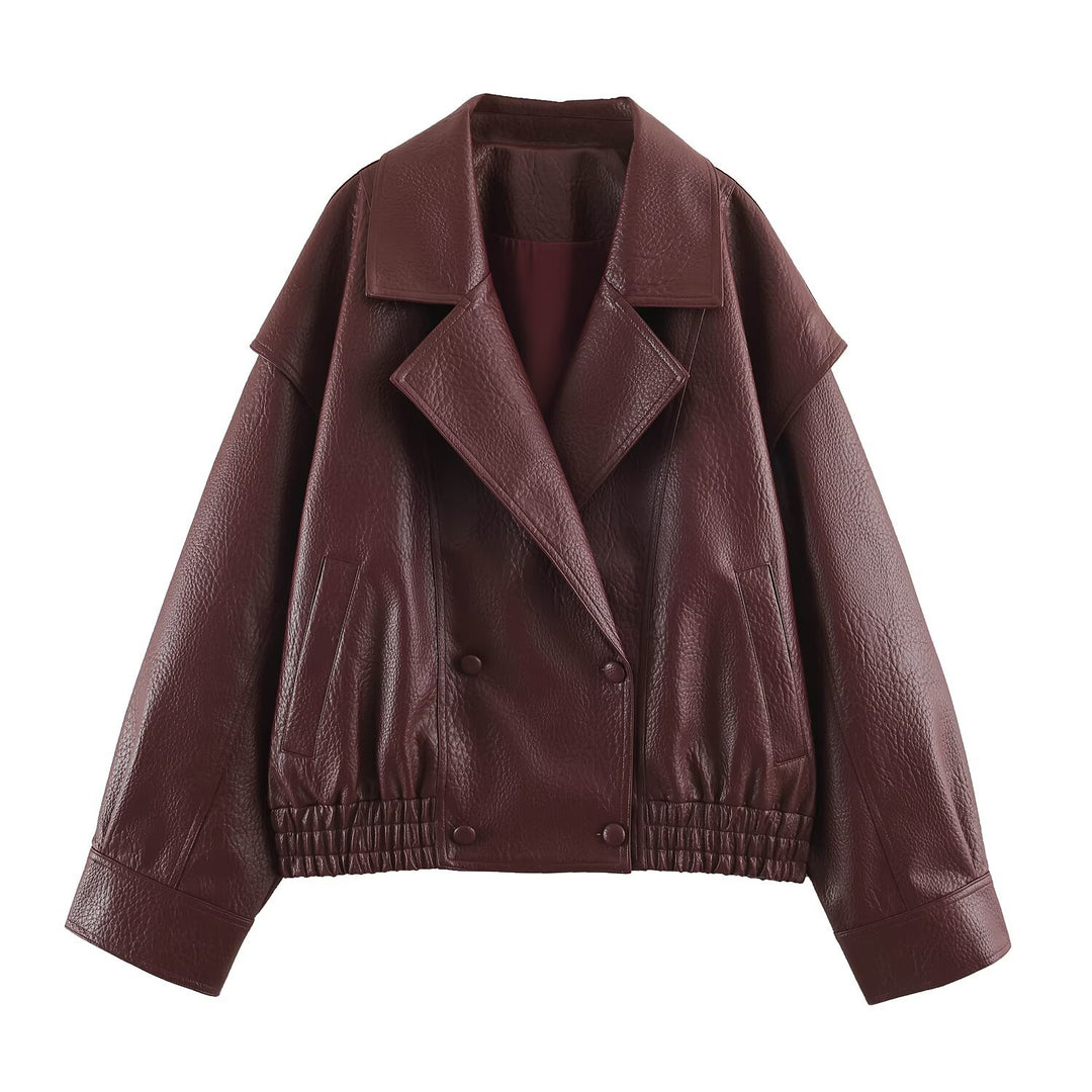 Damen Oversize Kunstlederjacke mit Doppelreihe, weitem Revers und elastischem Saum Nord Taschen