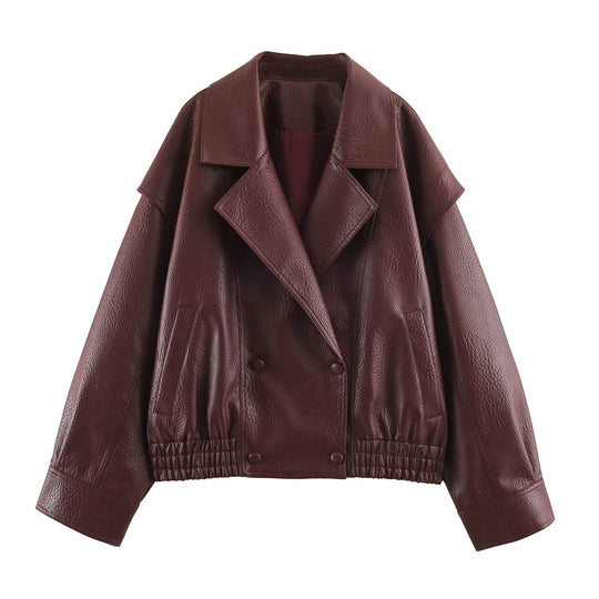 Damen Oversize Kunstlederjacke mit Doppelreihe, weitem Revers und elastischem Saum Nord Taschen