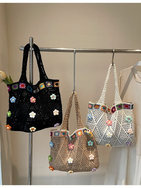Damen gehäkelte Strandtasche mit bunten Blumenapplikationen Nord Taschen