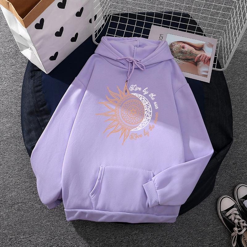 Damen nan Kapuzenpullover mit Sonn-und-Mond-Mandala, Kängurutasche und angerautem Fleece Nord Taschen