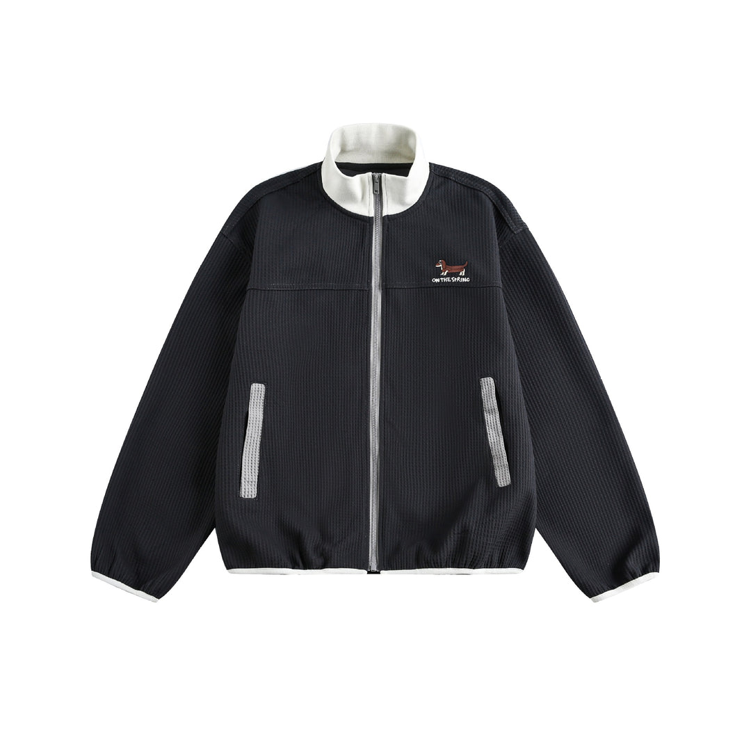 Damen Waffelstruktur Zipjacke im Boxy‑Cut mit Stehkragen und Hundestickerei Nord Taschen