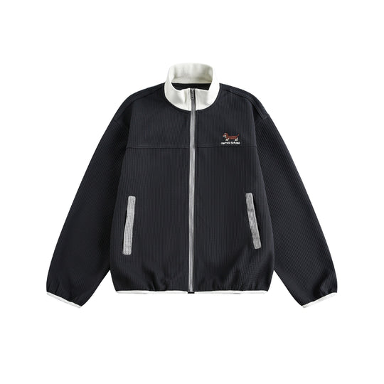 Damen Waffelstruktur Zipjacke im Boxy‑Cut mit Stehkragen und Hundestickerei Nord Taschen