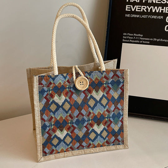 Damen modische Jute-Tragetasche mit buntem Grafikdesign Nord Taschen