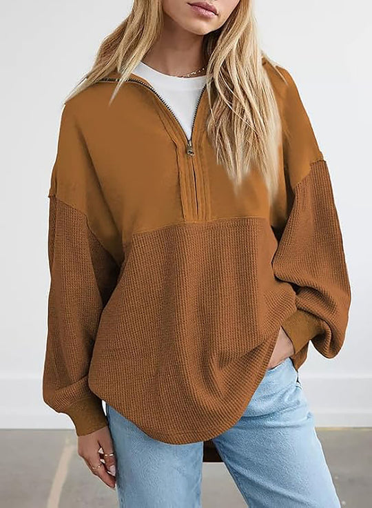 Damen Oversize-Halbzip-Pullover mit Waffelstrick-Einsätzen Nord Taschen