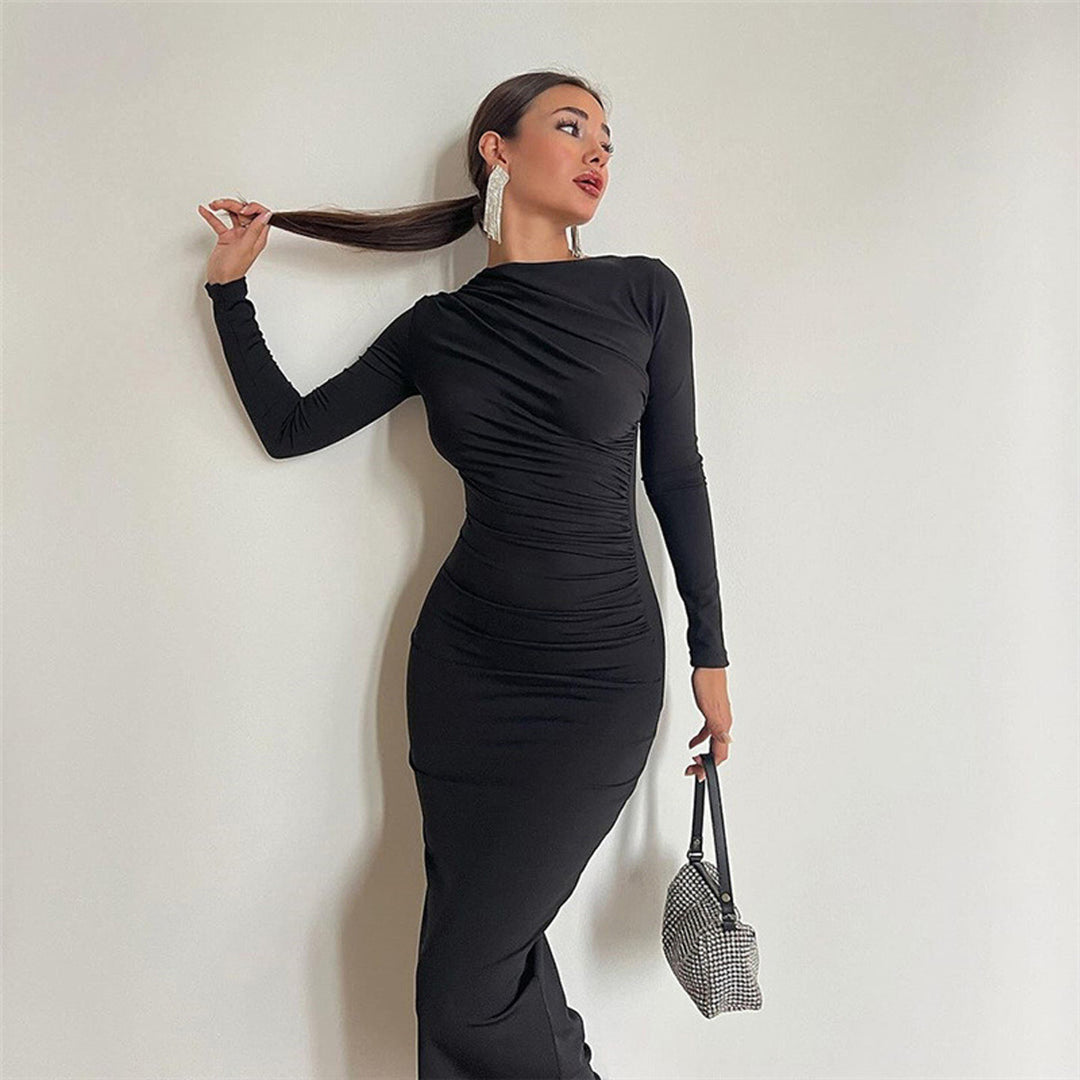 Damen figurbetontes Maxikleid mit hohem Kragen und seitlicher Raffung Nord Taschen