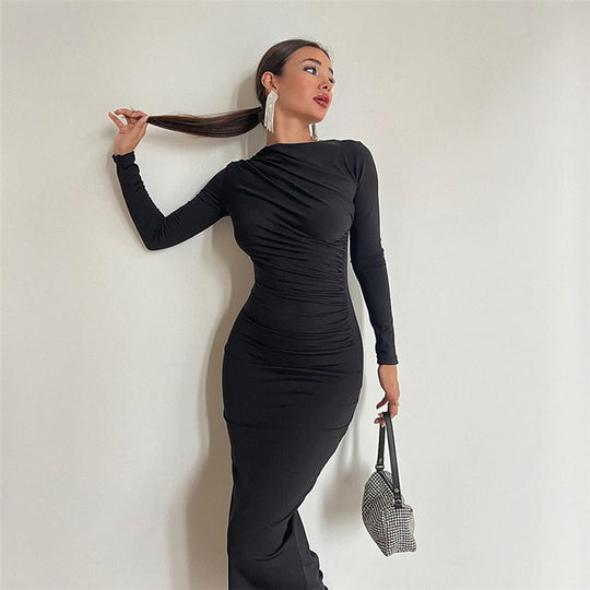 Damen figurbetontes Maxikleid mit hohem Kragen und seitlicher Raffung Nord Taschen