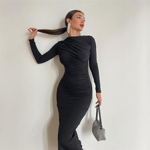 Damen figurbetontes Maxikleid mit hohem Kragen und seitlicher Raffung Nord Taschen