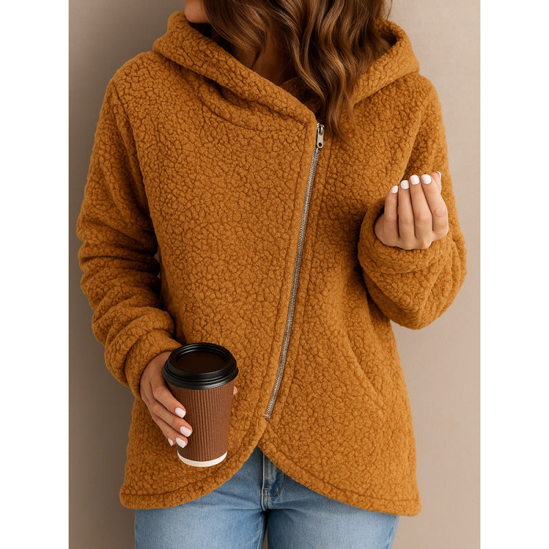Damen Teddy-Fleecejacke mit asymmetrischem Reißverschluss, Kapuze und gewelltem Saum Nord Taschen