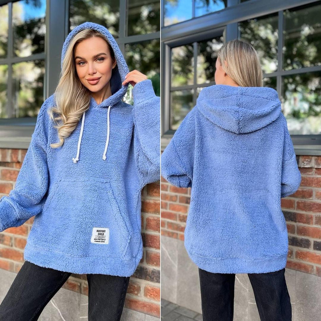 Damen Kuscheliger Teddy-Hoodie mit Kapuze, Kängurutasche und Oversize-Schnitt Nord Taschen