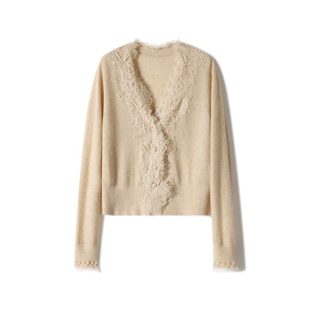 Damen Kurze Mohair-Cardigan mit Spitzenbesatz und Perlenknöpfen Nord Taschen