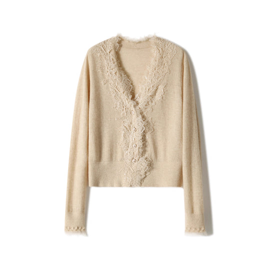 Damen Kurze Mohair-Cardigan mit Spitzenbesatz und Perlenknöpfen Nord Taschen