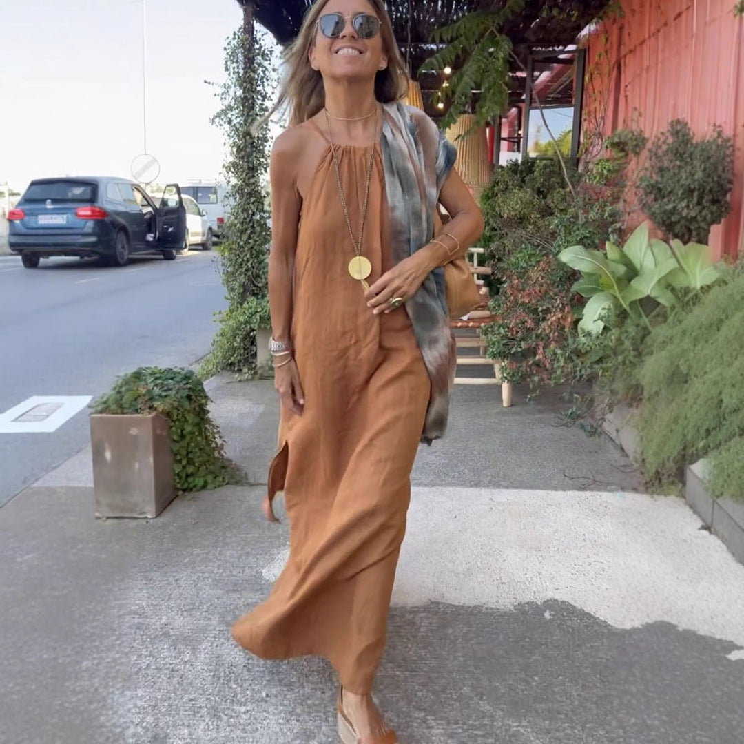 Damen Langes Leinenkleid mit schulterfreier Trägerkonstruktion und flirtendem Schlitz