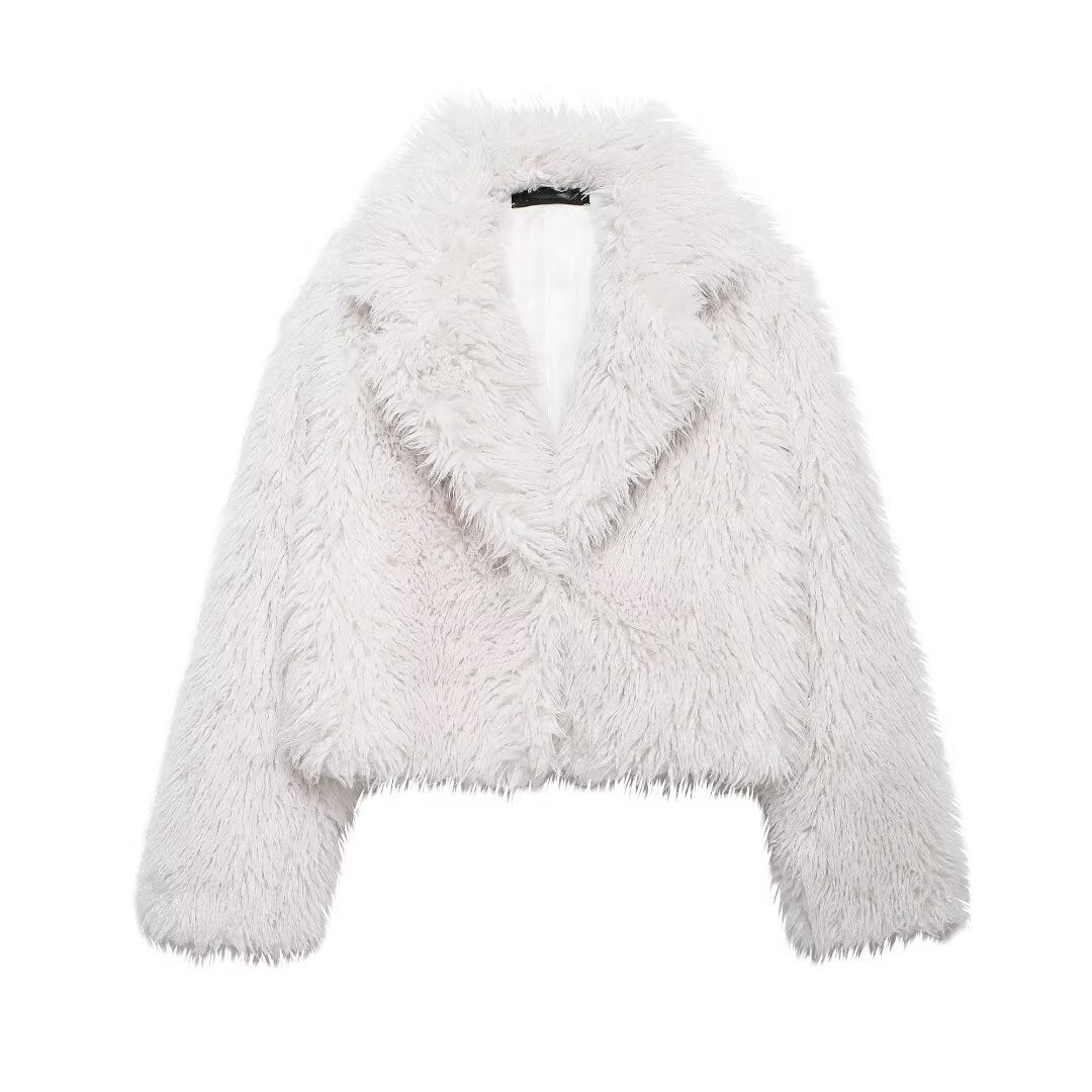 Damen Kurze Boxy-Plüschjacke im Shaggy-Look mit fallendem Revers Nord Taschen
