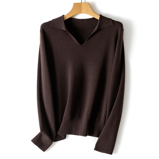 Damen feiner leichter V-Ausschnitt-Pullover mit offenem Hemdkragen und legerer Silhouette Nord Taschen