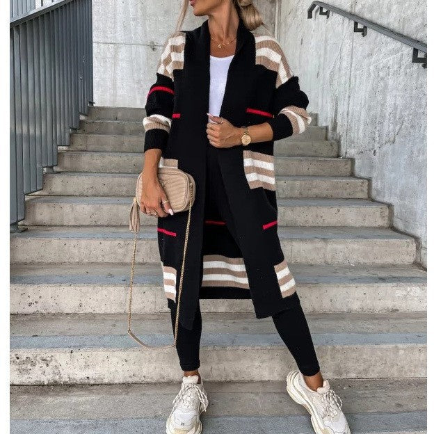 Damen Langer Oversize Strickcardigan mit Blockstreifen und aufgesetzten Taschen Drune