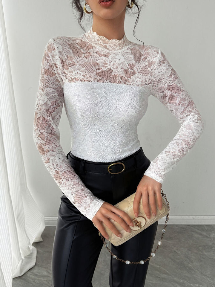 Damen Elegantes Spitzenoberteil mit hochgeschlossenem Kragen und langen Ärmeln