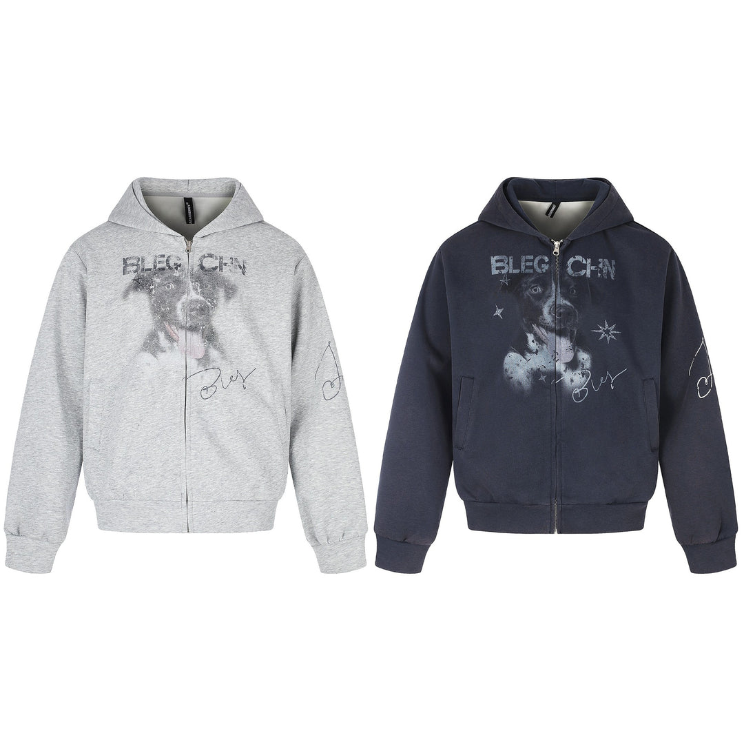 Unisex Kurz geschnittene Kapuzen‑Zipjacke mit grafischem Hundeprint und geripptem Saum Nord Taschen