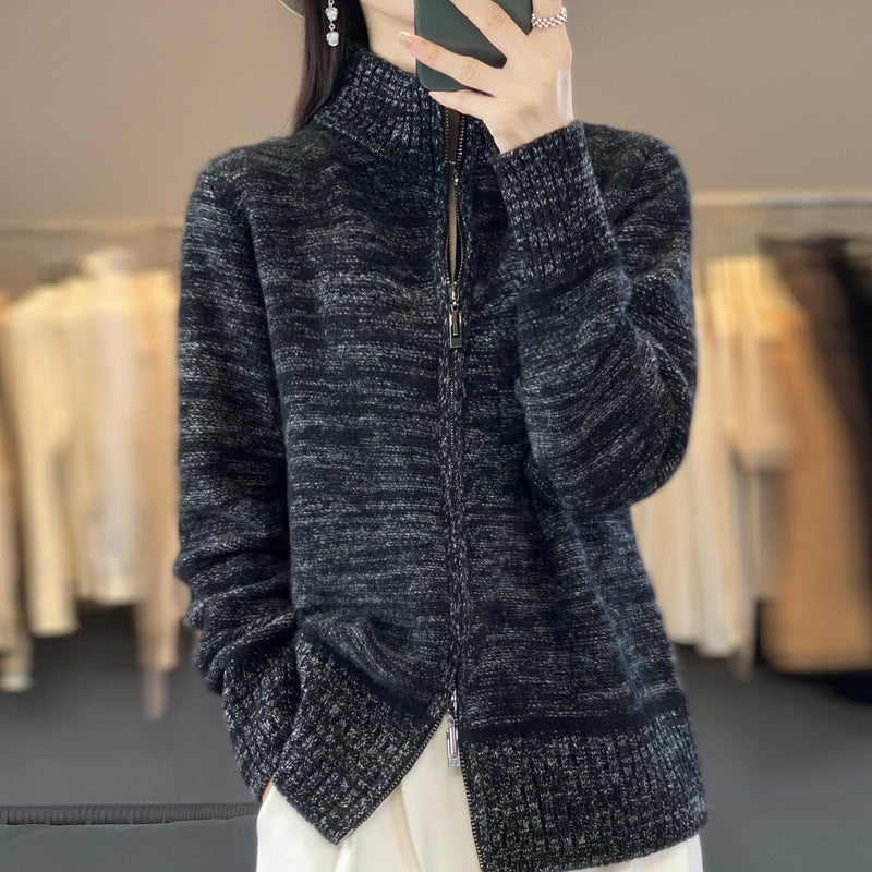 Damen Reißverschluss‑Strickjacke mit melierter Struktur und Stehkragen Nord Taschen