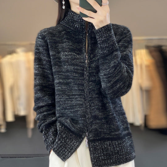 Damen Reißverschluss‑Strickjacke mit melierter Struktur und Stehkragen Nord Taschen