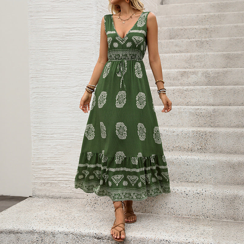 Damen Maxikleid mit V-Ausschnitt, tailliertem Bindegürtel und gestuftem Volant Saum Nord Taschen