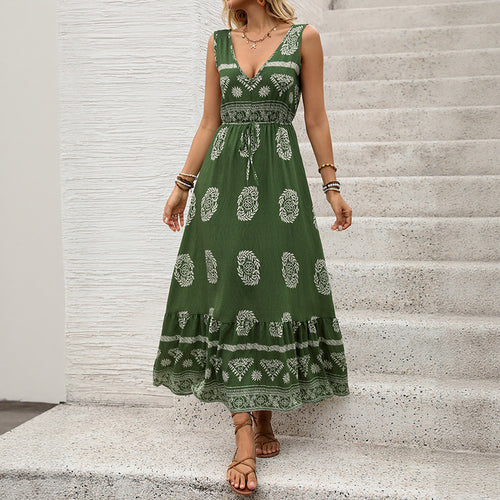 Damen Maxikleid mit V-Ausschnitt, tailliertem Bindegürtel und gestuftem Volant Saum Nord Taschen
