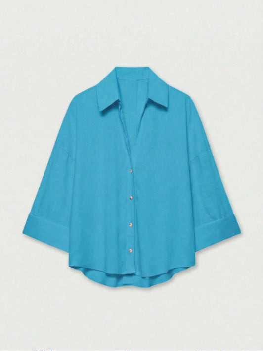 Damen Leichte Oversize Leinenoptik Bluse mit Dreiviertelärmeln und durchgehender Knopfleiste Nord Taschen