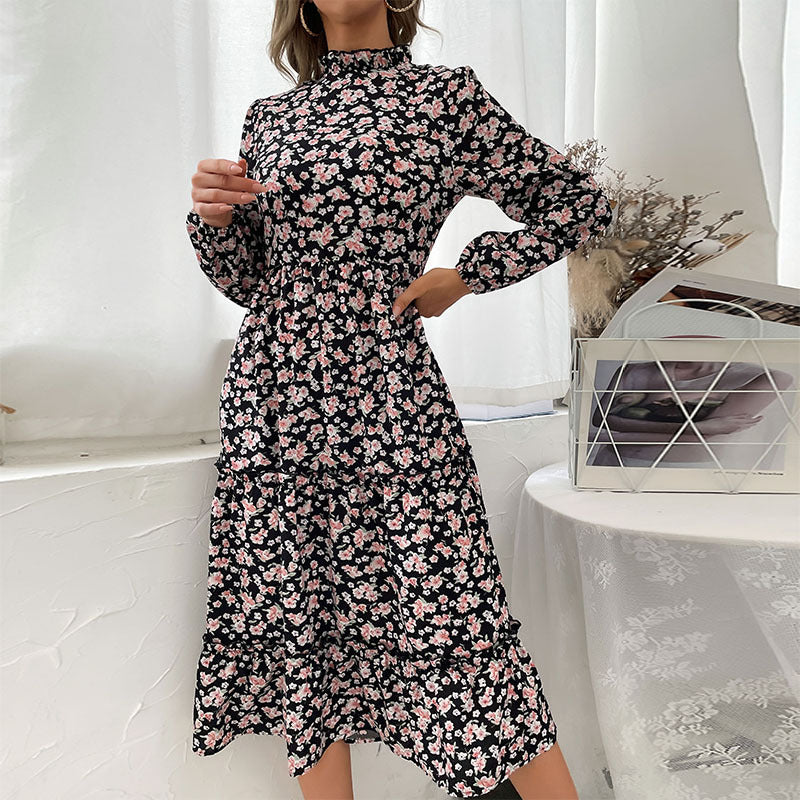 Damen Elegantes Langarm Kleid mit floralem Muster und Rüschendetails Nord Taschen