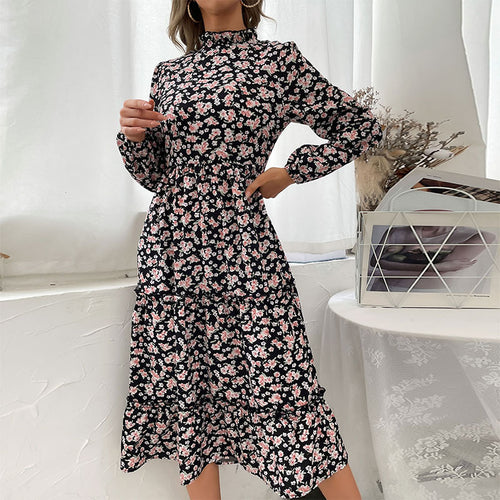 Damen Elegantes Langarm Kleid mit floralem Muster und Rüschendetails Nord Taschen