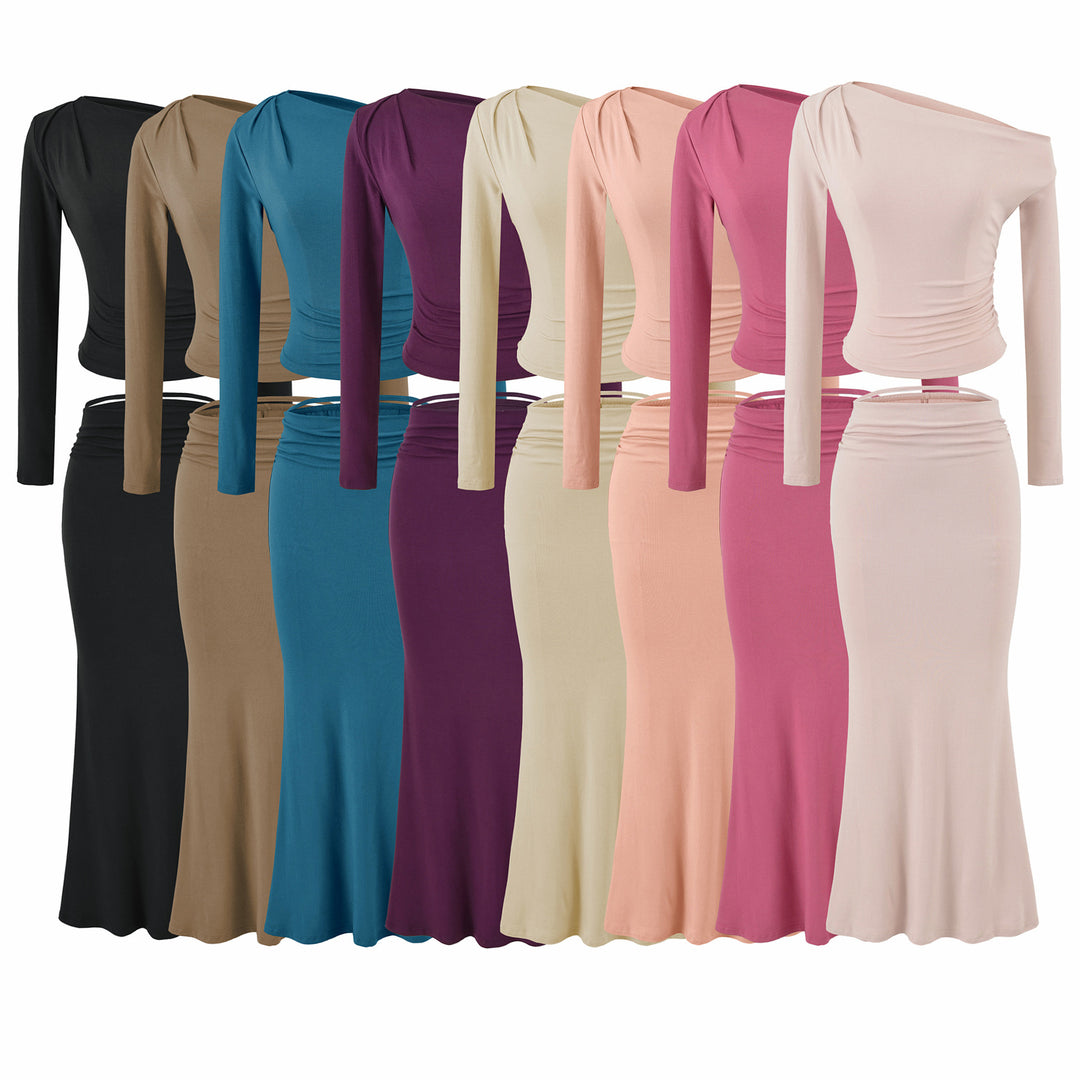 Damen Einschultriges zweiteiliges Set mit gerafftem Crop-Top und tailliertem Maxirock Nord Taschen