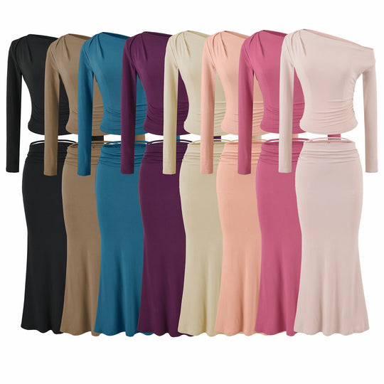 Damen Einschultriges zweiteiliges Set mit gerafftem Crop-Top und tailliertem Maxirock Nord Taschen