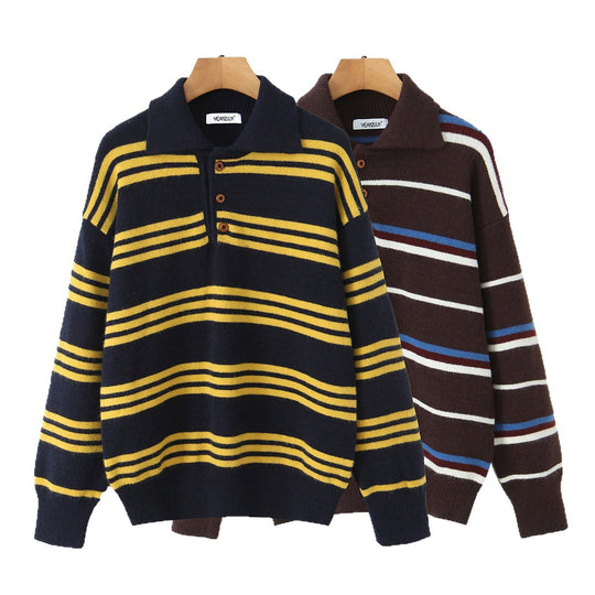 Damen Oversize Polokragen-Strickpullover mit mehrfarbigen Streifen und Rippbündchen Nord Taschen