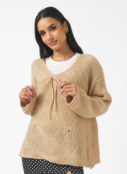 Damen Lässiger Strickpulli mit Bindeband Nord Taschen