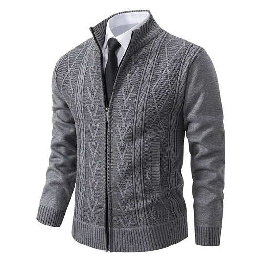 Herren Feinstrick-Zipjacke mit geometrischem Jacquardmuster, Stehkragen und Eingrifftaschen Nord Taschen